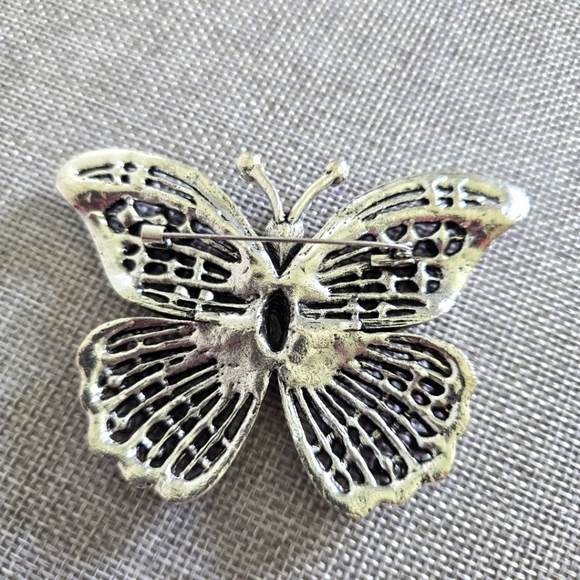 Butterfly Pink Silver Iridescent Crystal Rhinestone Brooch Pin Lapel Scarf - Picture 2 of 2